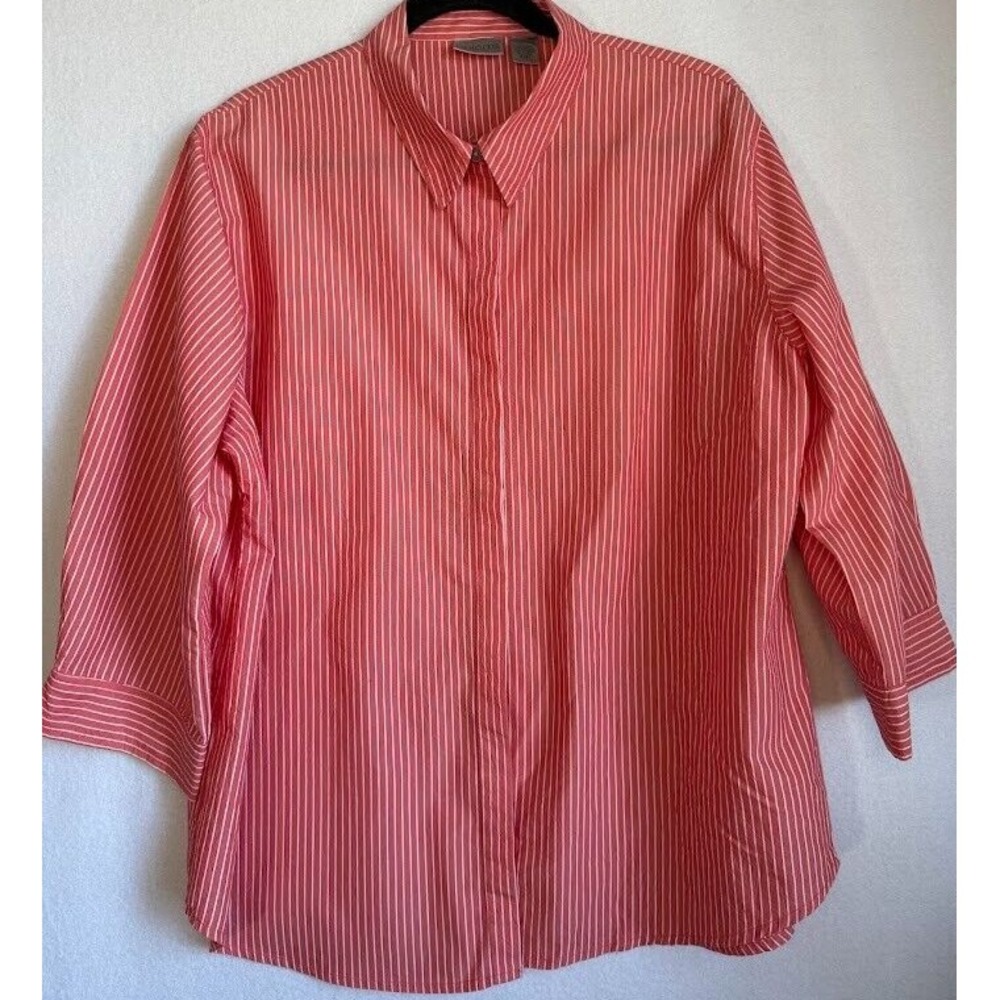 Chico's  Blouse Women Size 3 XL Orange Top Striped 3/4 Sleeve Button Up Business